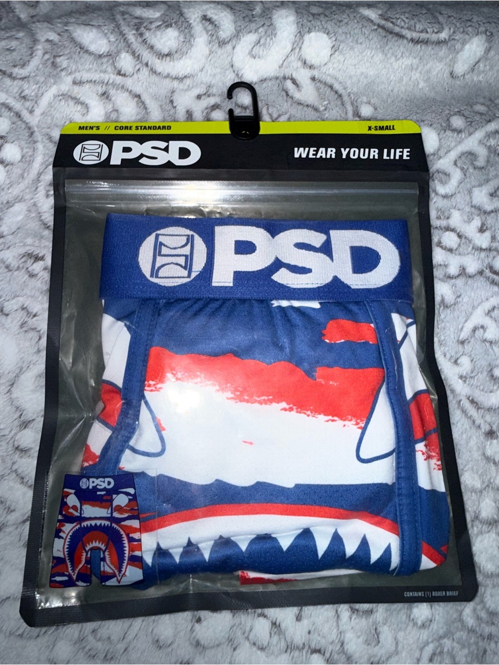 PSD Men’s Boxer Briefs - Blue, Red & White Shark Graphic